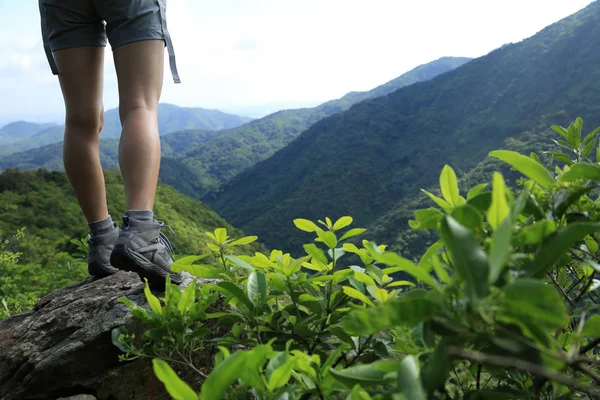 Young Woman Backpacker Enjoy View Summer Mountain Peak — Stock Photo, Image