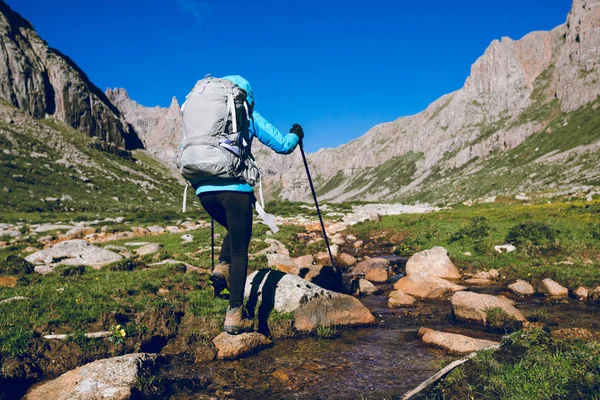 Kvinna Vandrare Vandring Hög Höjd Berg — Stockfoto