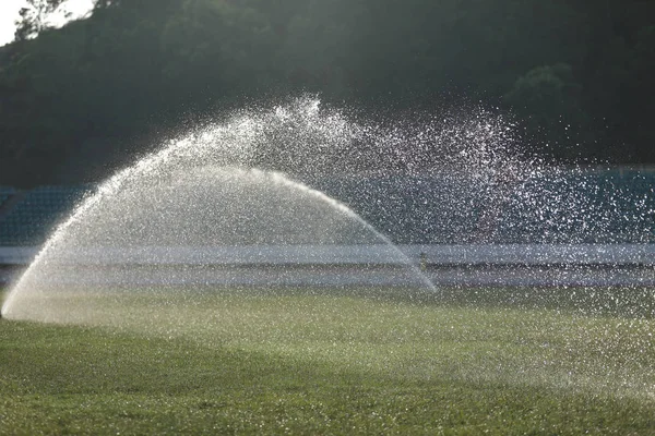 Arrosage Pelouse Dans Stade Lever Soleil — Photo