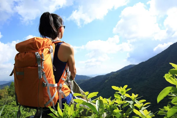 Genç Kadın Backpacker Yaz Dağ Zirvesinde Görünümü Zevk — Stok fotoğraf