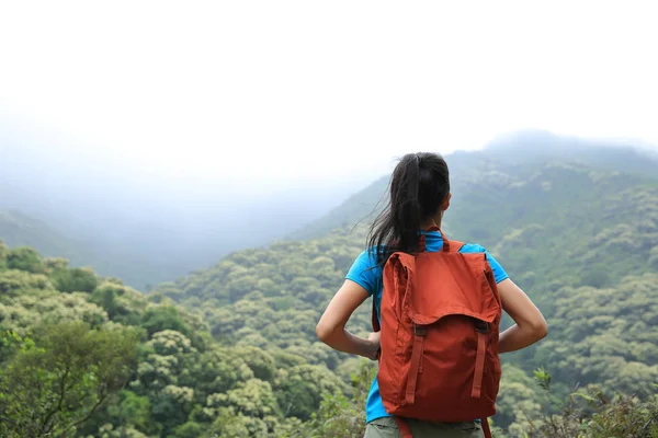 Femeia Tânără Succes Backpacker Bucură Priveliștea Vârful Muntelui Forestier Primăvară — Fotografie, imagine de stoc