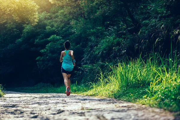 Atleta Corredor Correndo Trilha Florestal Conceito Treino Corrida — Fotografia de Stock