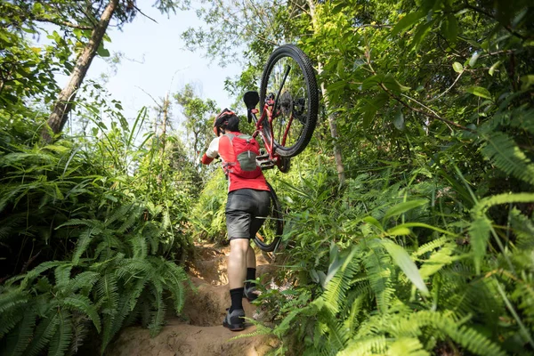 Woman Cyclist Carrying Mountain Bike Walking Tropical Forest Trail — Stock Photo, Image