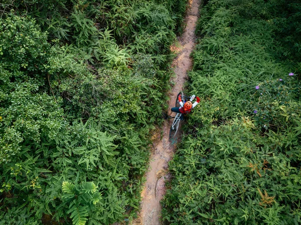 Cross Country Biking Woman Cyclist Drinking Water Tropical Forest Trail — Stock Photo, Image