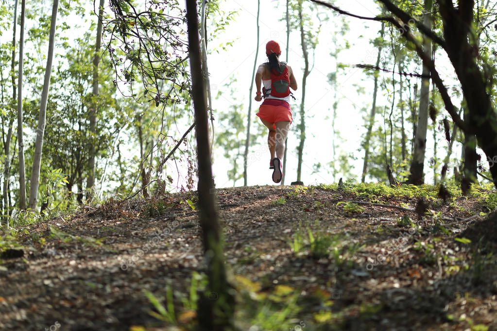 Young fitness woman ultramarathon trail runner running in summer forest 