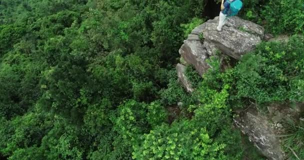 Successful Woman Hiker Taking Photo Forest Mountain Peak — Stock Video