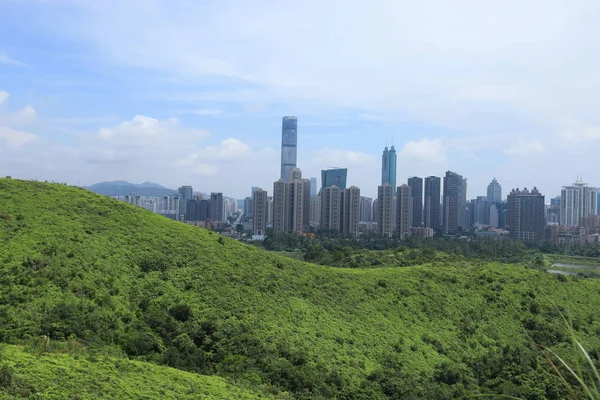 Rural green fields on Hong Kong reveals the skyline of Shenzhen
