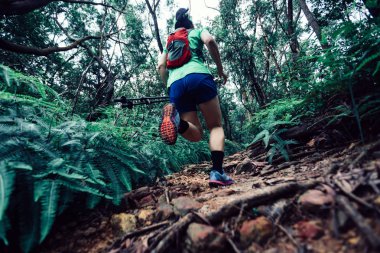 Tropikal orman yolunda koşan ultra maraton koşucusu kadın.