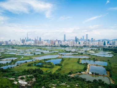 Hong Kong ve Shenzhen, Çin siluetleri arasında balık havuzları ile Kırsal yeşil alanlar