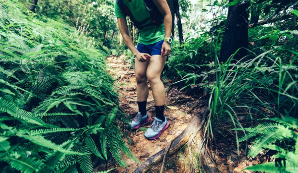 Donna Trail Corridore Spruzzando Repellenti Insetti Sulla Pelle Nella Foresta — Foto Stock