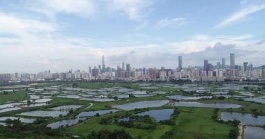 Hong Kong ve Shenzhen siluetleri üzerinde balık havuzları ile Kırsal yeşil alanlar