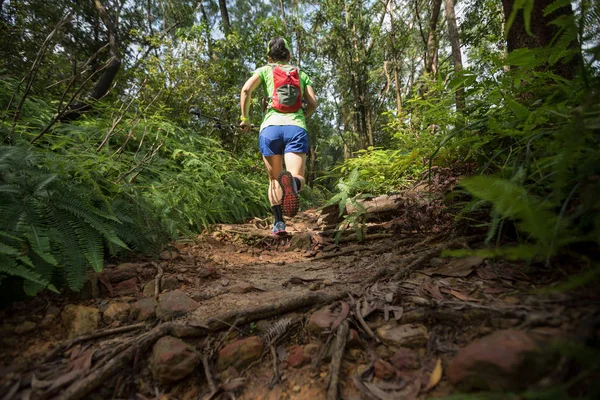 Corredor Ultra Maratón Mujer Corriendo Por Sendero Selva Tropical — Foto de Stock