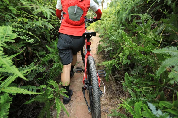 越野自行车女子骑自行车行走与山地自行车在热带雨林小径 — 图库照片