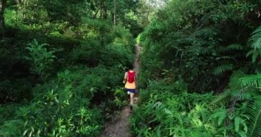 Tropik yağmur ormanları parkurunda koşan kadın ultra maraton koşucusu