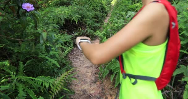 Mulher Asiática Ultramarathon Corredor Definir Smartwatch Correndo Trilha Floresta Tropical — Vídeo de Stock