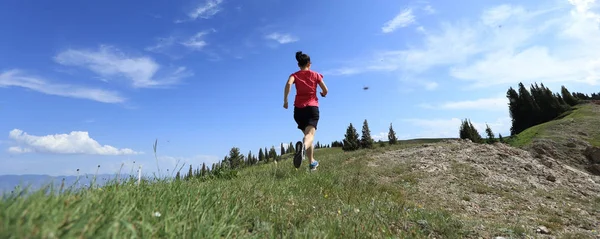 Ultra marathon woman trail runner running on hihg altitude mountain top