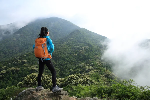 Joven Mochilera Exitosa Cima Montaña Forestal Mirando Vista — Foto de Stock