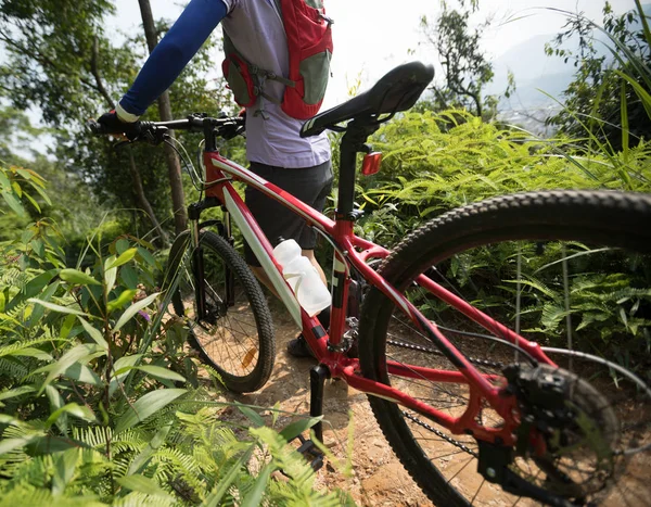 Bicicleta Fondo Ciclista Mujer Caminando Con Bicicleta Montaña Sendero Bosque —  Fotos de Stock