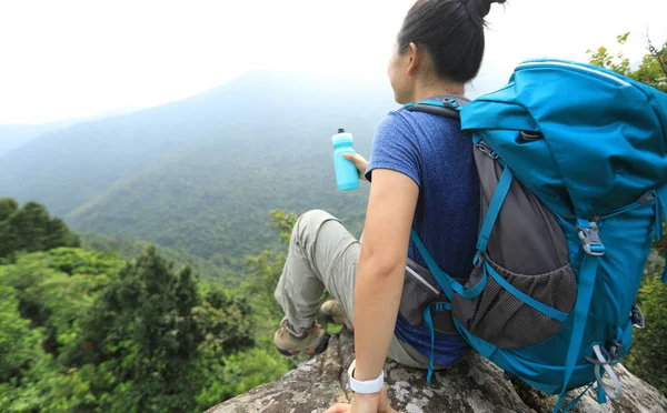 Succesvolle Vrouw Wandelaar Geniet Van Het Uitzicht Mountain Peak Cliff — Stockfoto