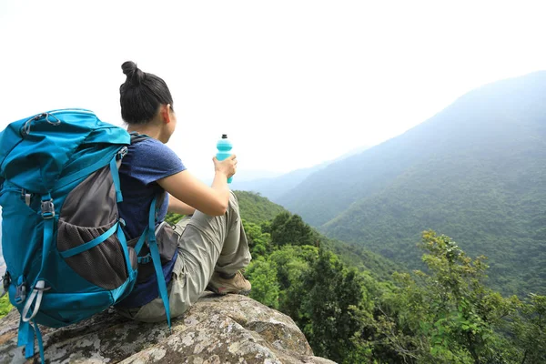 成功した女性ハイカーは 山頂の崖の端で景色を楽しみます — ストック写真