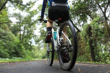 Tropikal yağmur ormanları parkurunda dağ bisikletine binen kadın bisikletçi