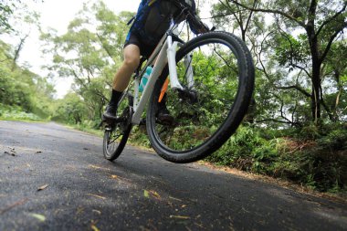 Tropikal yağmur ormanları parkurunda dağ bisikletine binen kadın bisikletçi