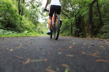 Tropikal yağmur ormanları parkurunda dağ bisikletine binen kadın bisikletçi