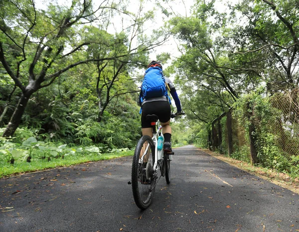 Жінка Велосипедистка Їде Гірському Велосипеді Тропічній Тропічній Лісовій Стежці — стокове фото