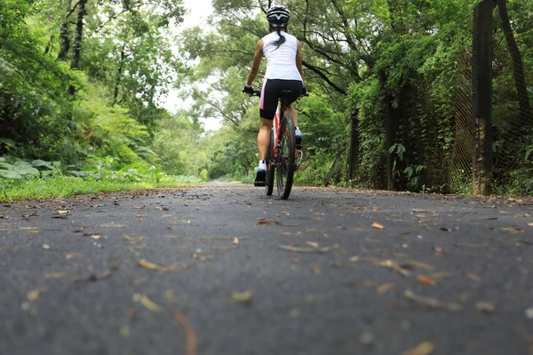 Жінка Велосипедистка Їде Гірському Велосипеді Тропічній Тропічній Лісовій Стежці — стокове фото