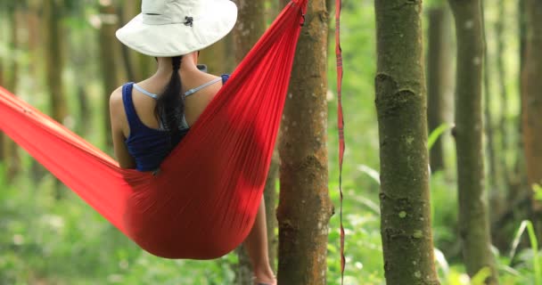 熱帯雨林でスマートフォンでハンモックでくつろぐ女性 — ストック動画