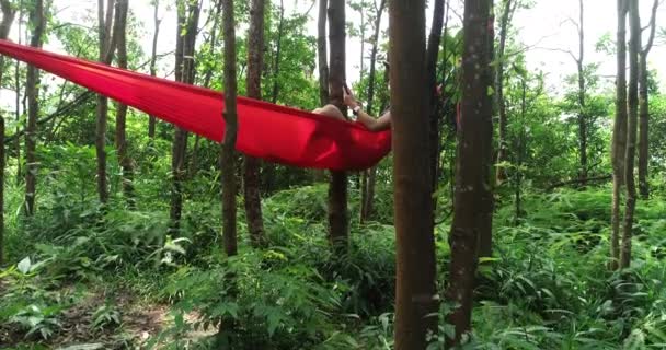 在热带雨林用智能手机在吊床上放松的妇女 — 图库视频影像