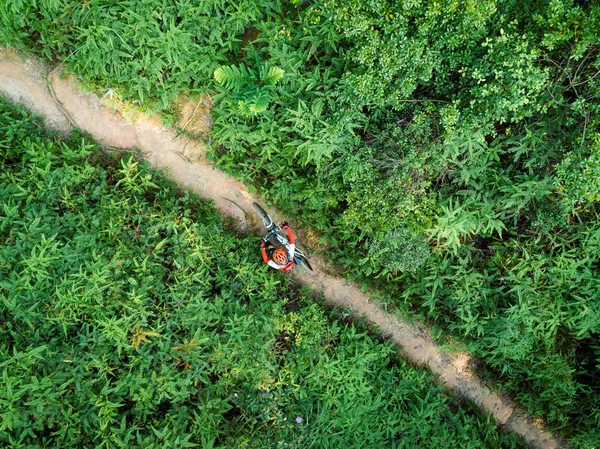 Tropik Yağmur Ormanları Üzerinde Yürüyüş Dağ Bisikleti Ile Kros Bisikletkadın — Stok fotoğraf