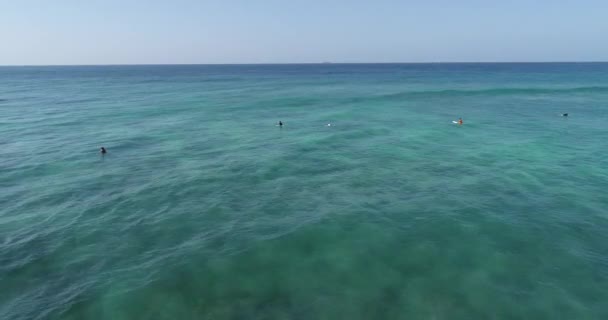 Vzdušné záběry, pohled shora z drnonu surfařů pro chytání vln během surfování v Indickém oceánu, 4k