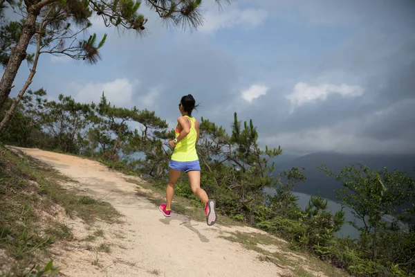 Sporty Young Woman Sportswear Trail Running Forest Mountain Path Fitness — Stock Photo, Image