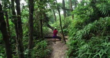 Tropik yağmur ormanları parkurunda koşan kadın ultra maraton koşucusu