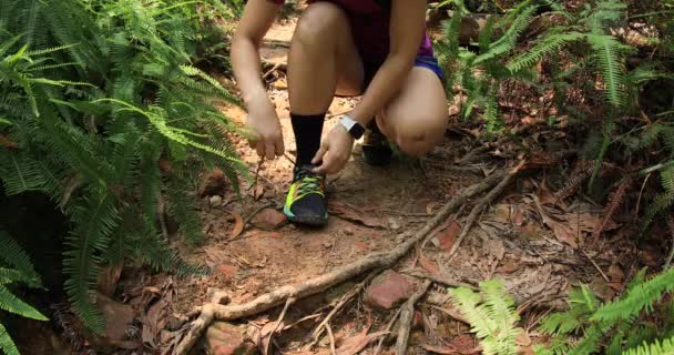Corredor Ultra Maratón Mujer Atando Cordones Sendero Selva Tropical — Vídeo de stock