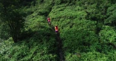 Tropikal yağmur ormanlarında koşan iki sporcunun hava görüntüsü