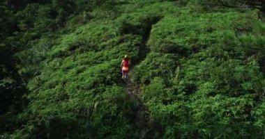 Dağlarda tropikal yağmur ormanlarında koşan kadın maratoncunun hava görüntüsü