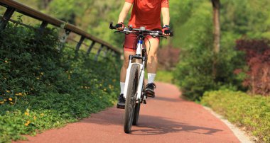 Ormanda dağ bisikleti süren kadın bisikletçi.