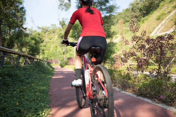 Ciclista Femenina Montando Bicicleta Montaña Aire Libre Bosque —  Fotos de Stock