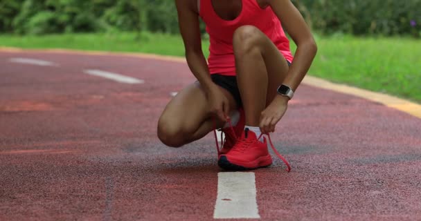 Female Runner Tying Shoelaces Path Forest — Stock Video