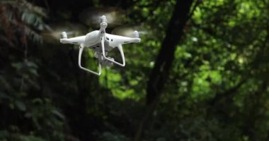 Uçan beyaz dron sonsuz yeşil ormanın yakınında