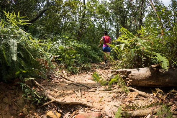跑在热带森林小径上的女超级马拉松选手 — 图库照片
