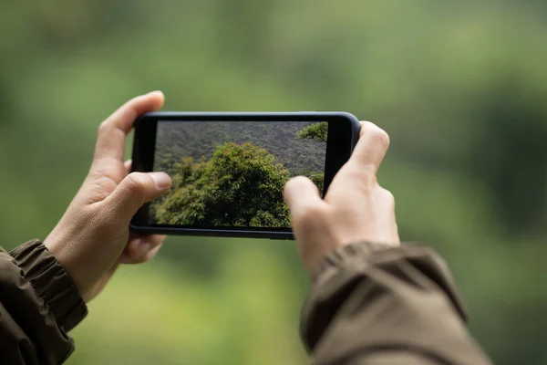 春の携帯電話で写真を撮るハイカーの手自然 — ストック写真