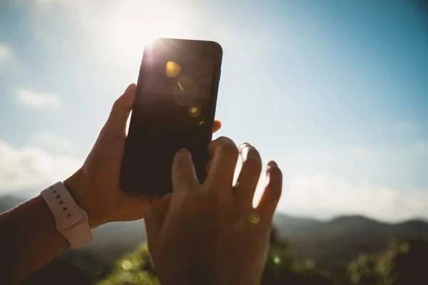 Hands Using Mobile Phone Taking Picture Sunrise Nature — Stock Photo, Image