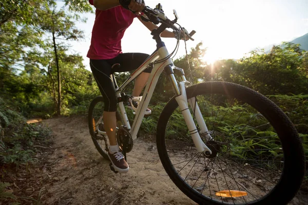 Mulher Ciclista Andar Bicicleta Nas Montanhas — Fotografia de Stock