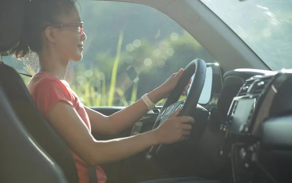 Asiatisk Kvinna Förare Kör Road Bil Naturen — Stockfoto