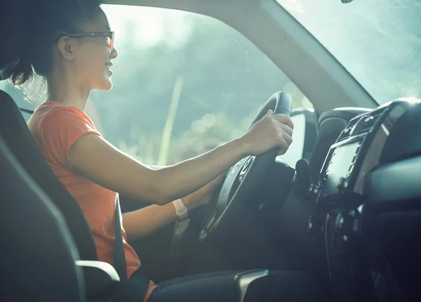 Ásia Mulher Motorista Condução Fora Estrada Carro Natureza — Fotografia de Stock