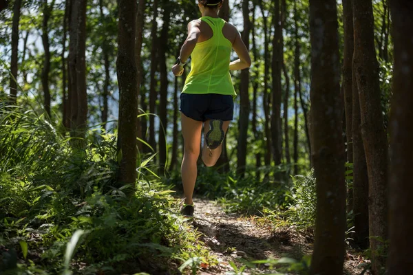 Ung Kvinna Spår Löpare Som Springer Soluppgången Tropisk Skog — Stockfoto