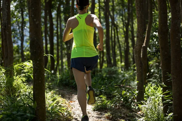 Fitness Kvinna Trail Runner Kör Tropisk Skog — Stockfoto